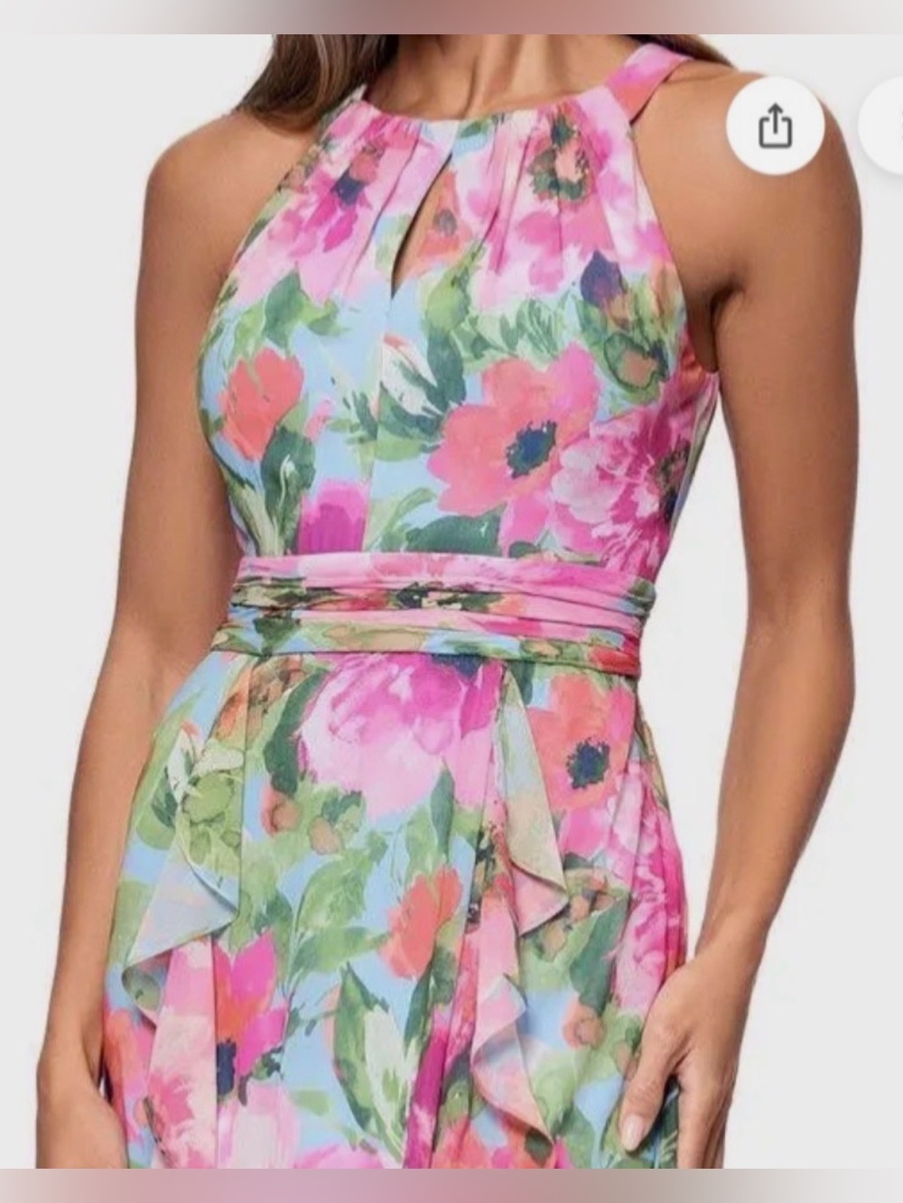 Xscape Floral Chiffon Halter Maxi Dress SZ 8 Petite Pink Blue Ruffle Gown - Picture 4 of 5